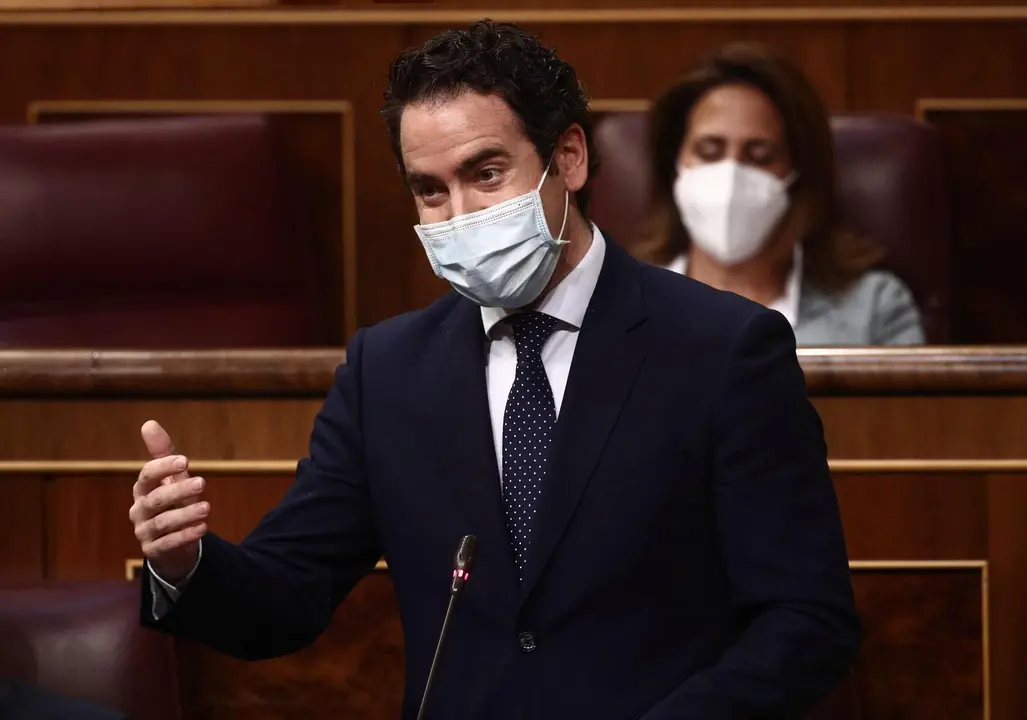 El secretario general del PP, Teodoro Garc&iacute;a Egea, interviene en una sesi&oacute;n de control al Gobierno, a 14 de abril de 2021, en el Congreso de los Diputados, Madrid, (Espa&ntilde;a).  