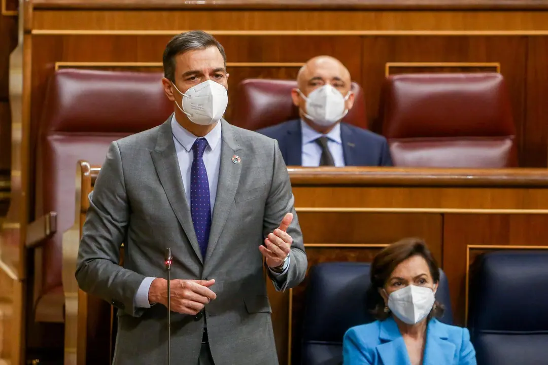 El presidente del Gobierno, Pedro S&aacute;nchez, interviene durante una Sesi&oacute;n de Control en el Congreso de los Diputados, a 12 de mayo de 2021, en Madrid, (Espa&ntilde;a).