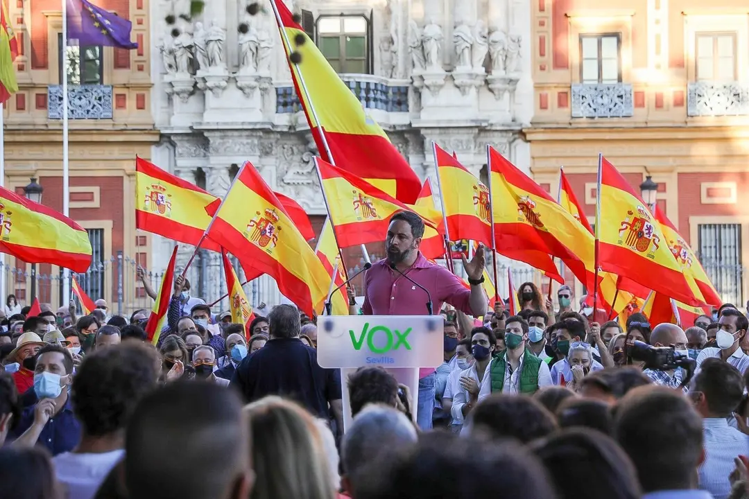 El presidente de Vox, Santiago Abascal, interviene en una concentraci&oacute;n ante el Palacio de San Telmo de Sevilla.