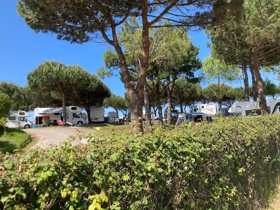 Autocaravanas estacionadas
este domingo en el Camping El
Rosal en San Vicente de la Barquera. Abajo un camarero prepara las mesas de la terraza de su
establecimiento para los futuros
comensales. / D&iacute;az