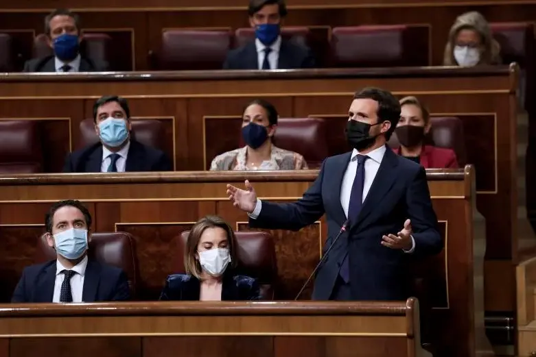 El l&iacute;der popular, Pablo Casado (i), interpela al Gobierno durante una nueva sesi&oacute;n de control al Gobierno este mi&eacute;rcoles en el Congreso de los Diputados. EFE/Emilio Naranjo