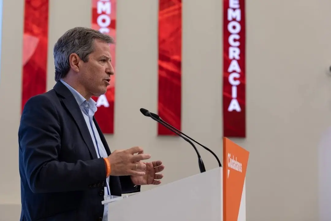 El vicesecretario general de Ciudadanos y portavoz en las Cortes de Arag&oacute;n, Daniel P&eacute;rez Calvo, en una rueda de prensa en la sede de Cs en Madrid.