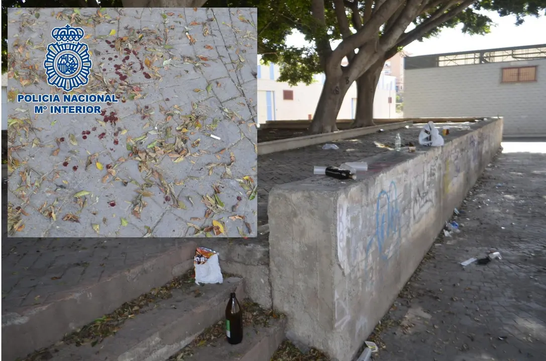 Restos del botell&oacute;n y sangre en el parque donde se produjo la ri&ntilde;a tumultuaria