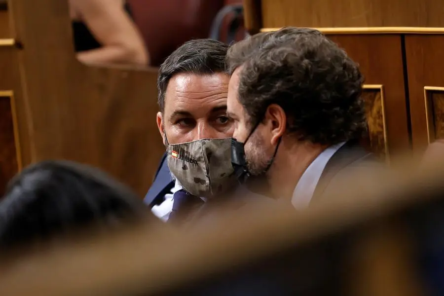 El l&iacute;der de Vox, Santiago Abascal (i), conversa con el portavoz de su grupo parlamentario, Iv&aacute;n Espinosa de los Monteros, durante la sesi&oacute;n de control del Congreso celebrada este mi&eacute;rcoles y con los indultos casi como asunto monogr&aacute;fico. EFE/Chema Moya