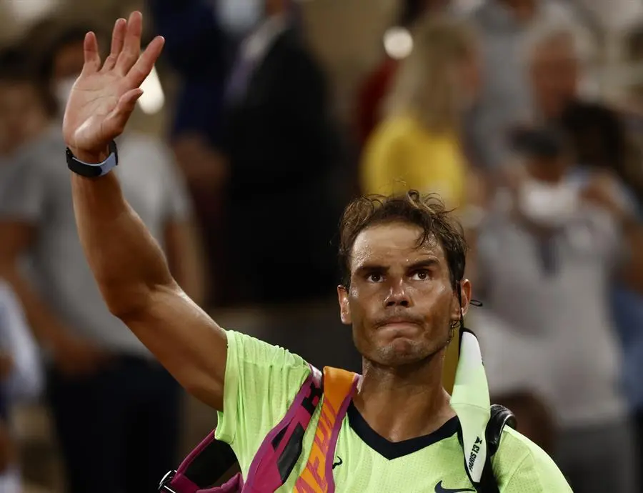 Rafael Nadal of Spain reacts after losing against Novak Djokovic of Serbia during their semi final match at the French Open tennis tournament at Roland Garros in Paris, France, 11 June 2021. (Tenis, Abierto, Francia, Espa&ntilde;a) EFE/EPA/YOAN VALAT