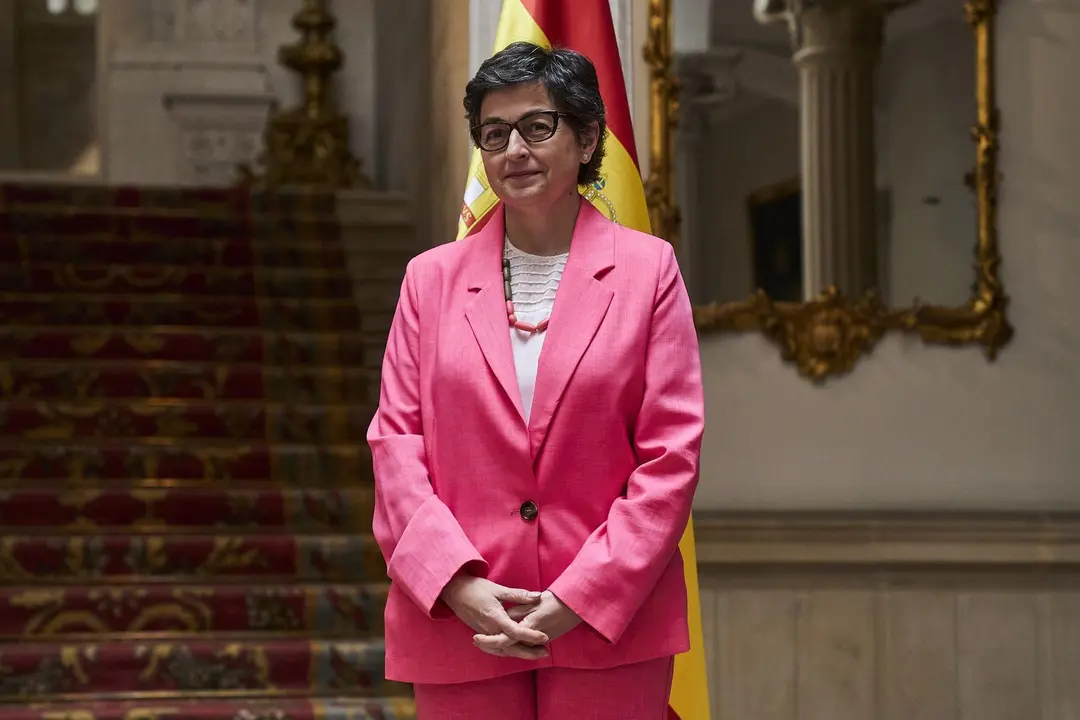 Arancha Gonzalez Laya recibe a Maros Sefeovie at Palacio de Viana in Madrid, Spain.