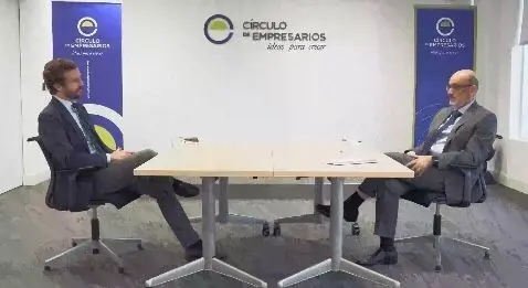 El presidente del PP, Pablo Casado, se re&uacute;ne con Manuel P&eacute;rez-Sala, presidente del C&iacute;rculo de Empresarios. En Madrid, a 18 de junio de 2021.