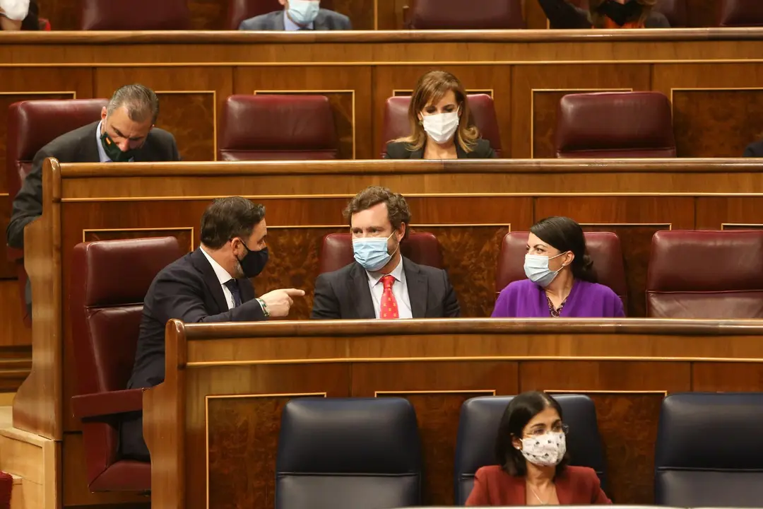 Archivo - El l&iacute;der de Vox, Santiago Abascal; el portavoz de Vox, Iv&aacute;n Espinosa de los Monteros; y la secretaria general de Vox en el Congreso de los Diputados, Macarena Olona