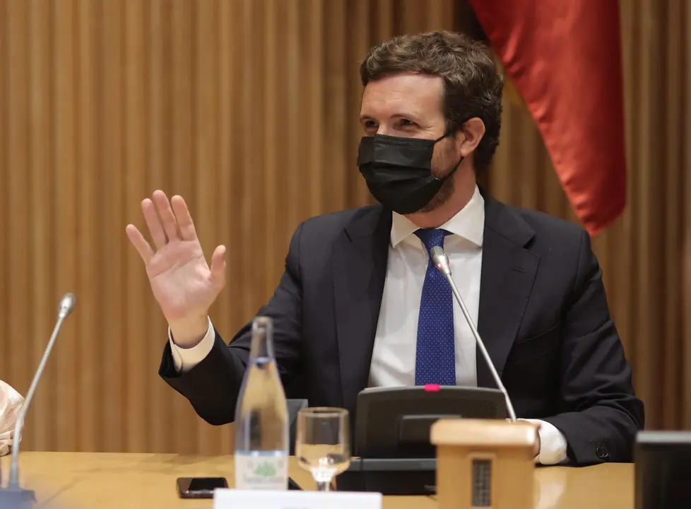 El presidente de PP, Pablo Casado, preside la reuni&oacute;n de la plenaria conjunta de los grupos parlamentarios de la formaci&oacute;n en el Congreso de los Diputados y del Senado, a 21 de junio de 2021, en Madrid (Espa&ntilde;a).