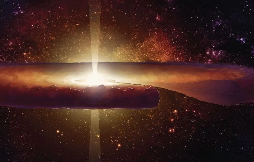 Ilustraci&oacute;n art&iacute;stica del sistema solar primitivo, en una &eacute;poca en la que a&uacute;n no se hab&iacute;an formado planetas. Una nube arremolinada de gas y polvo rodeaba al joven sol. El corte a trav&eacute;s de este llamado disco protoplanetario muestra su estructura 3D