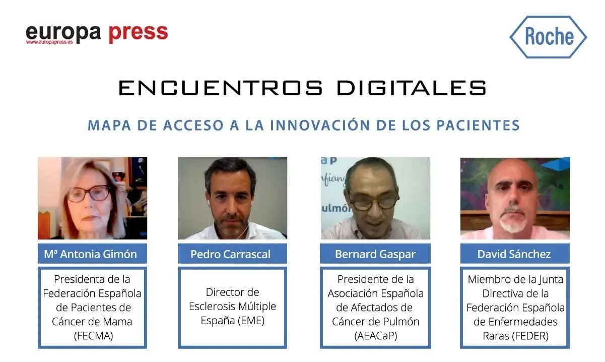 Montaje con intervinientes del encuentro digital de Europa Press 'Mapa de acceso a la innovaci&oacute;n de los pacientes'