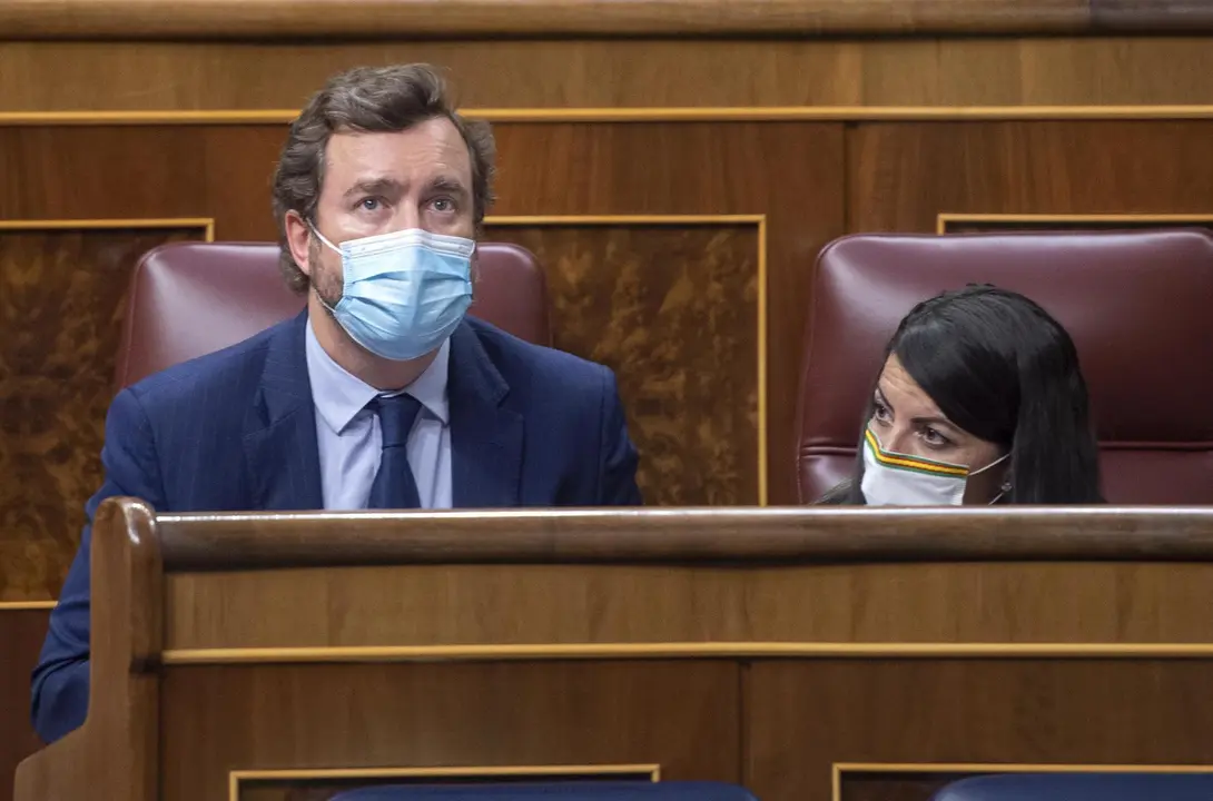 El portavoz parlamentario de Vox, Iv&aacute;n Espinosa de los Monteros; y la portavoz adjunta de Vox en el Congreso, Macarena Olona