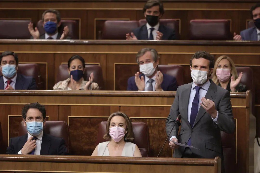 El l&iacute;der del PP, Pablo Casado, interviene en una sesi&oacute;n de control al Gobierno en el Congreso de los Diputados, a 23 de junio de 2021, en Madrid, (Espa&ntilde;a). 