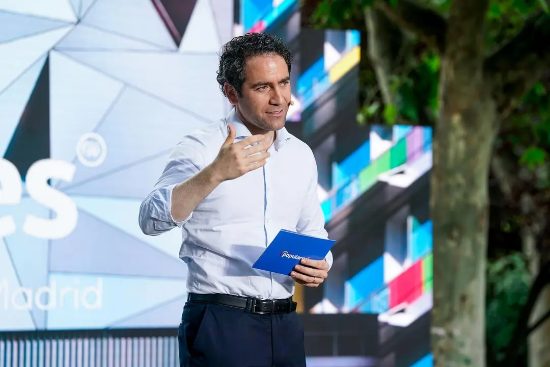 El secretario general del Partido Popular, Teodoro Garc&iacute;a Egea, interviene en un acto para celebrar los dos a&ntilde;os del PP en la Alcald&iacute;a de la capital, a 16 de junio de 2021, en Madrid (Espa&ntilde;a).