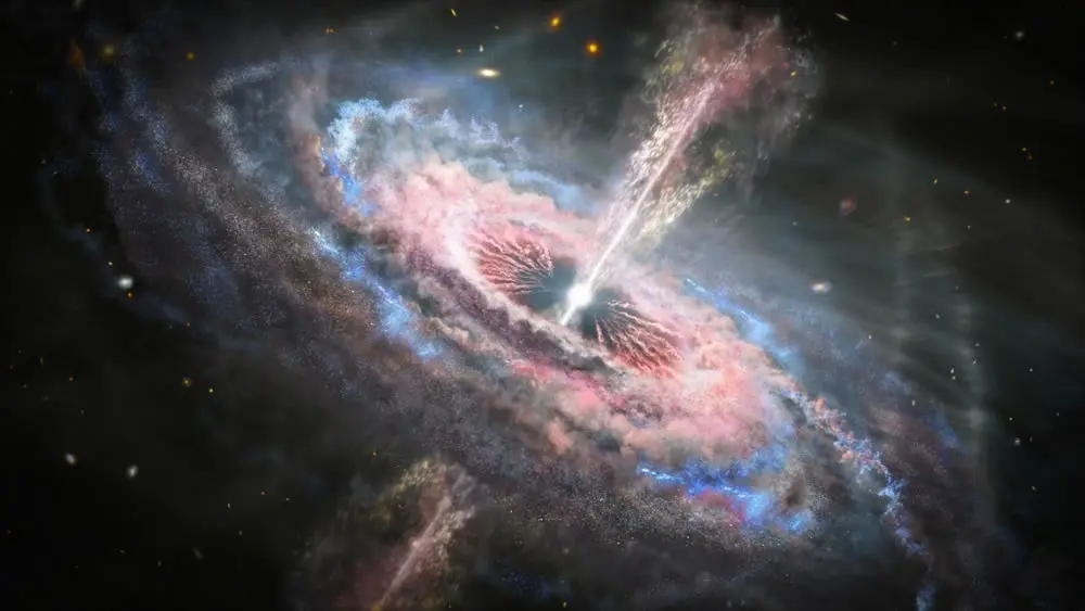 Concepto art&iacute;sticos de una galaxia con un quasar en su centro. Un qu&aacute;sar es un agujero negro supermasivo muy brillante, distante y activo que tiene de millones a miles de millones de veces la masa del Sol.