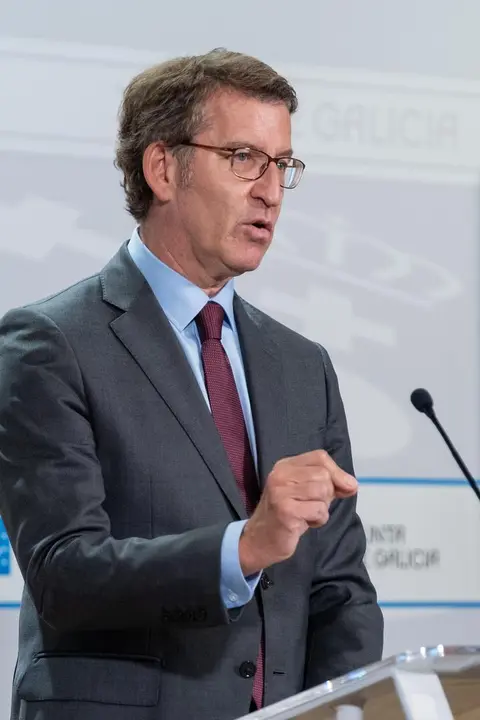 O titular do Goberno galego, Alberto N&uacute;&ntilde;ez Feij&oacute;o, durante a rolda de prensa posterior &aacute; reuni&oacute;n semanal do Consello da Xunta. San Caetano, Santiago de Compostela, 10/06/21.