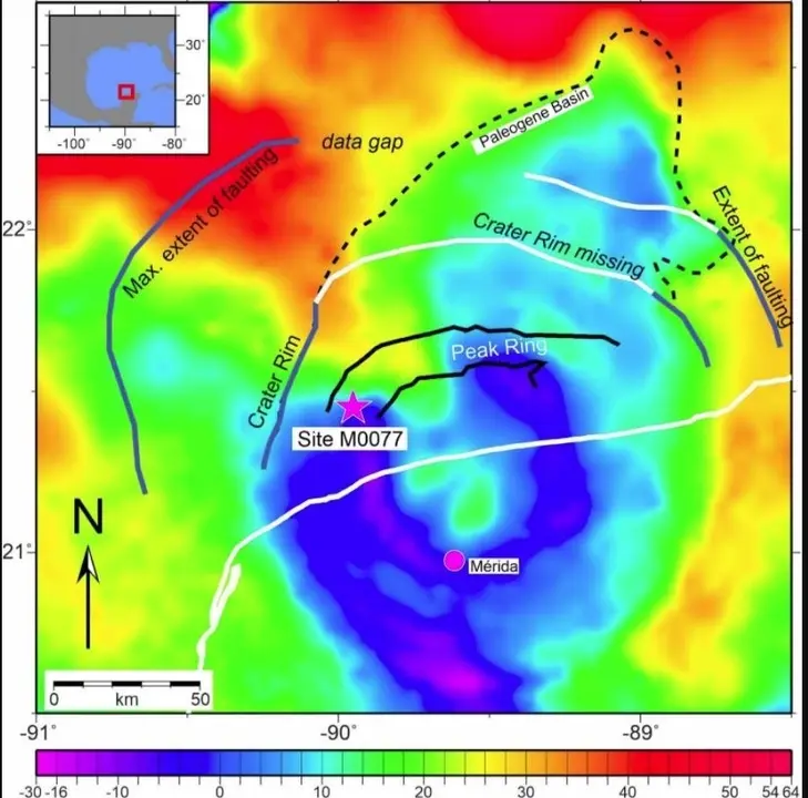 Ubicaci&oacute;n del sitio de perforaci&oacute;n M0077 en el cr&aacute;ter de Chicxulub, pen&iacute;nsula de Yucat&aacute;n, M&eacute;xico como se ve usando datos de gravedad.