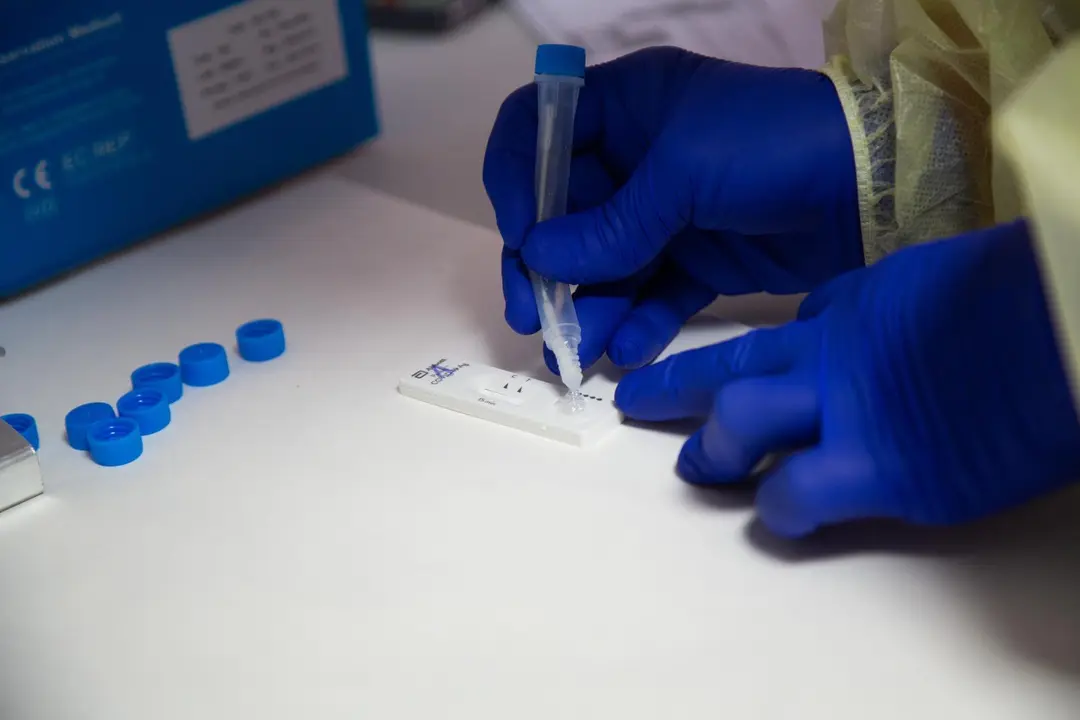 Archivo - Una sanitaria comprueba el resultado de un test de ant&iacute;genos.