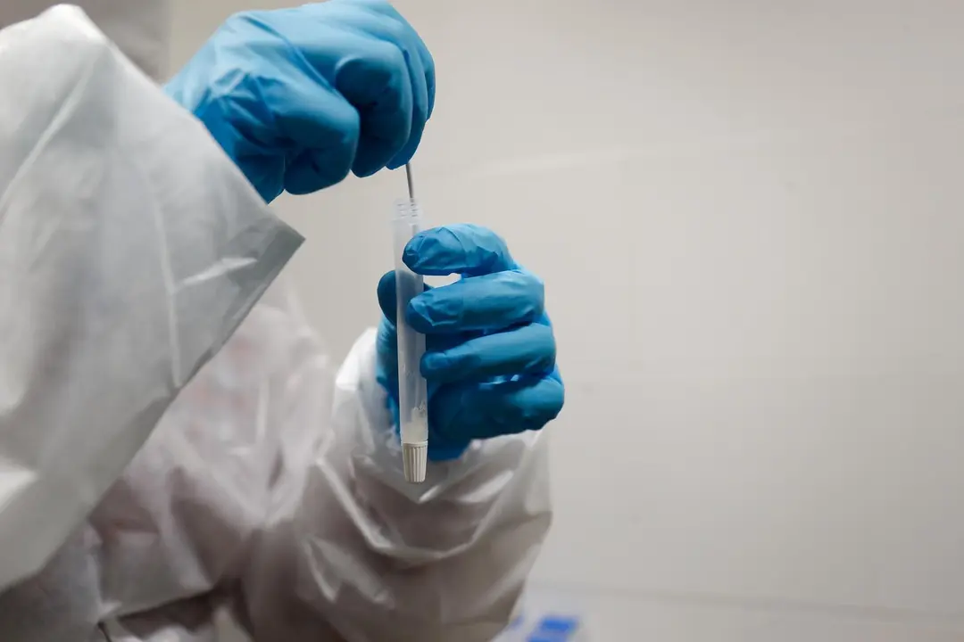 Archivo - Un trabajadora sanitaria sostiene un test de ant&iacute;genos.