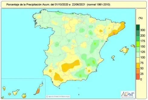 Mapa de precipitaciones recogidas en Espa&ntilde;a del 1 de octubre de 2020 hasta el 22 de junio de 2021.