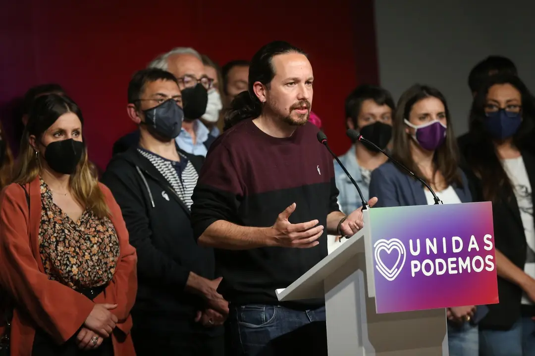 Archivo - El ex secretario general de Podemos Pablo Iglesias en la noche electoral tras los comicios auton&oacute;micos del 4 de mayo en Madrid.