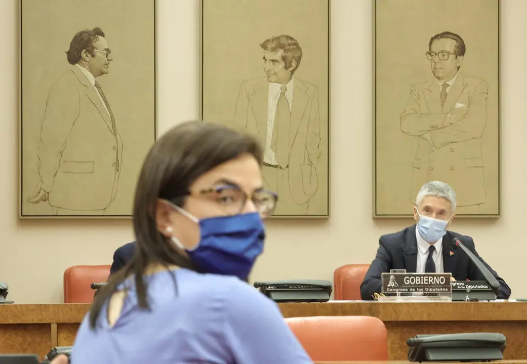 El ministro del Interior, Fernando Grande-Marlaska (d), a su llegada a la Comisi&oacute;n de Interior