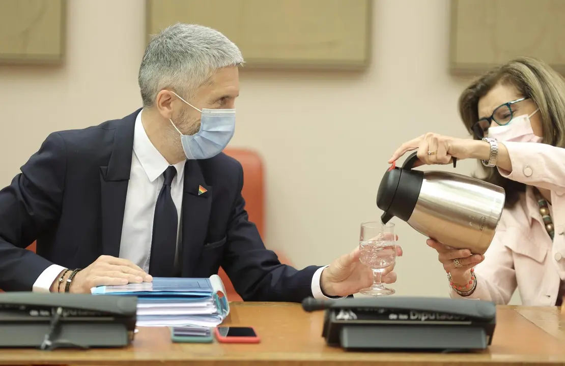 El ministro del Interior, Fernando Grande-Marlaska (i), a su llegada a la Comisi&oacute;n de Interior
