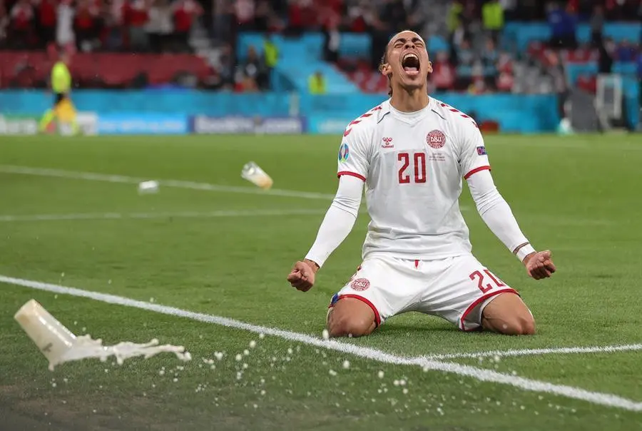 Yussuf Poulsen of Denmark celebrates after scoring the 2-0 during the Euro 2020 group B match between Russia and Denmark in Copenhagen, Denmark, Monday, 21 June 2021. EFE/EPA/Friedemann Vogel / POOL