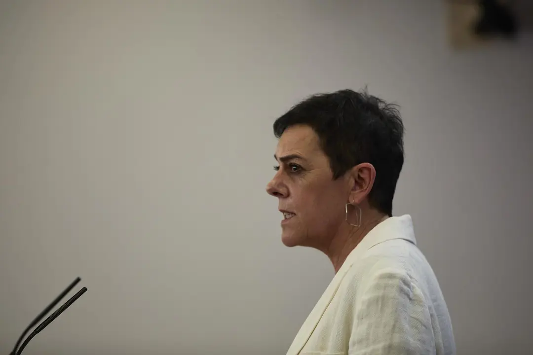 La portavoz parlamentaria de EH Bildu, Mertxe Aizpurua, interviene en una rueda de prensa.
