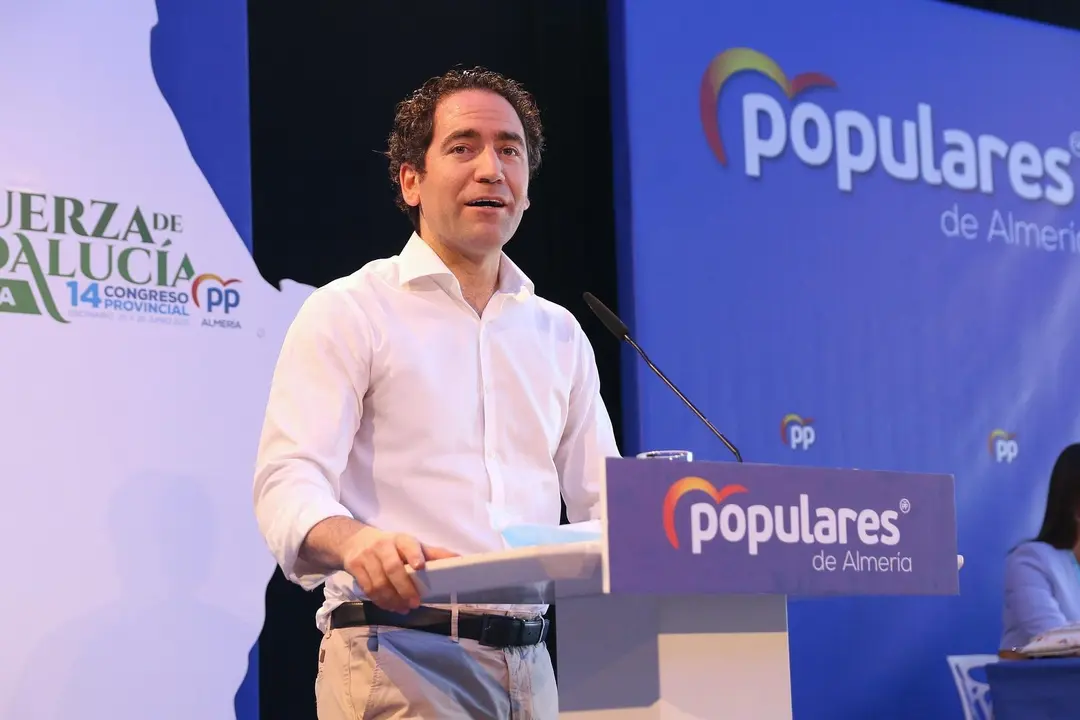 El secretario general del PP, Teodoro Garc&iacute;a, durante la clausuran el 14&ordm; Congreso Provincial del PP a 26 de junio del 2021 en Almer&iacute;a (Andaluc&iacute;a)