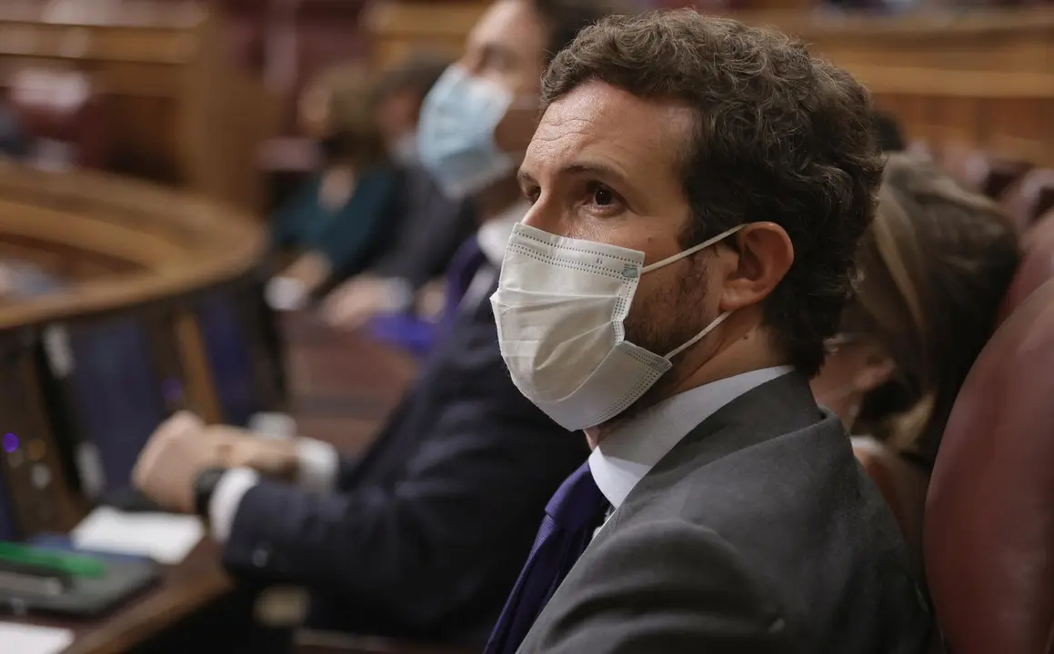 El l&iacute;der del PP, Pablo Casado, en una sesi&oacute;n de control al Gobierno en el Congreso de los Diputados, a 23 de junio de 2021, en Madrid, (Espa&ntilde;a). 