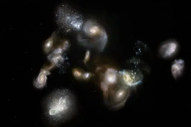 Impresi&oacute;n de un artista del protogl&uacute;mulo de galaxias SPT2349-56, un grupo de m&aacute;s de una docena de galaxias que interact&uacute;an en el universo temprano.