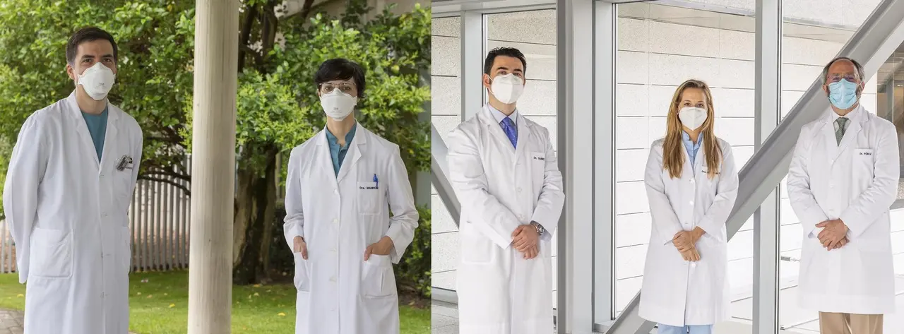 I-D: Los investigadores de la Cl&iacute;nica Universidad de Navarra Pablo Dom&iacute;nguez y Raquel Manrique, en la sede de Pamplona, y los doctores V&iacute;ctor Vega, Nieves L&oacute;pez y Nicol&aacute;s P&eacute;rez, en la sede de Madrid.