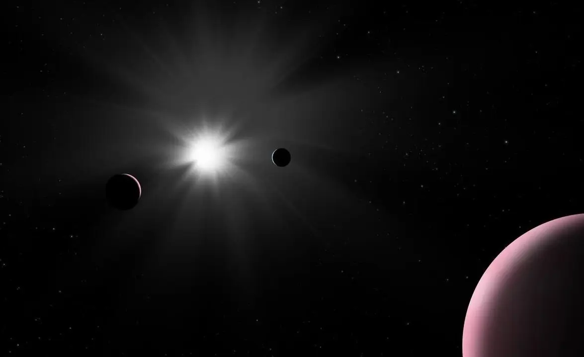 La impresi&oacute;n de este artista muestra el sistema planetario Nu2 Lupi, que fue explorado recientemente por el observador de exoplanetas de la ESA, Cheops.