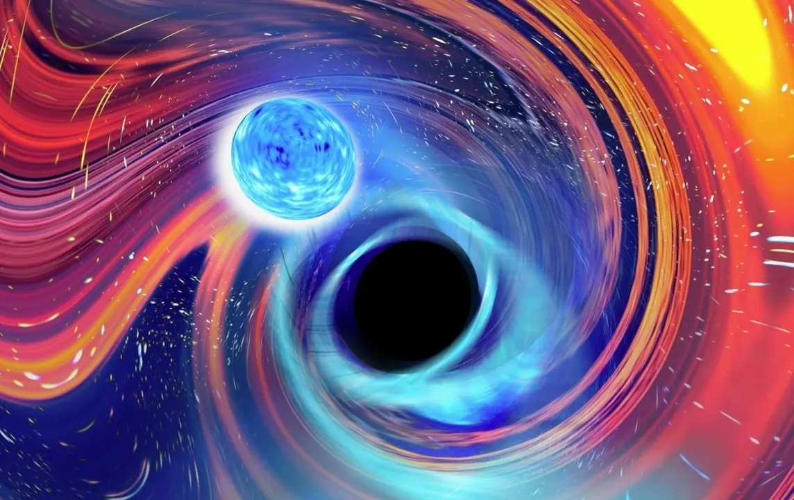 Una imagen art&iacute;stica inspirada en un evento de fusi&oacute;n de estrellas de neutrones y agujero negro