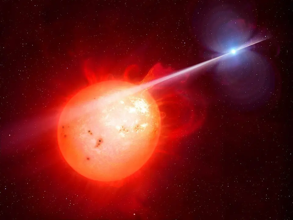 This artist&rsquo;s impression shows the strange object AR Scorpii. In this unique double star a rapidly spinning white dwarf star (right) powers electrons up to almost the speed of light. These high energy particles release blasts of radiation that lash the companion red dwarf star (left) and cause the entire system to pulse dramatically every 1.97 minutes with radiation ranging from the ultraviolet to radio.