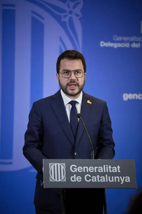 El president de la Generalitat catalana, Pere Aragon&egrave;s  ofrece una rueda de prensa en la librer&iacute;a Blanquerna tras la reuni&oacute;n mantenida con el presidente del Gobierno, a 29 de junio de 2021, en Madrid (Espa&ntilde;a). Ambos mandatarios se han reunido hoy por prim
