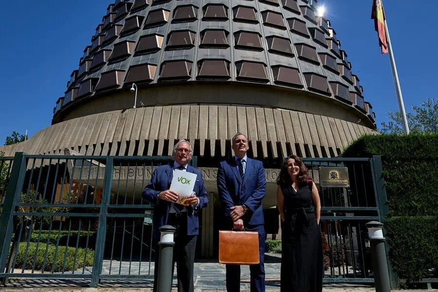 El diputado nacional Juan Jos&eacute; Aizcorbe; el secretario general de Vox, Javier Ortega; y la vicesecretaria jur&iacute;dica de la formaci&oacute;n, Marta Castro, ante el Tribunal Constitucional.