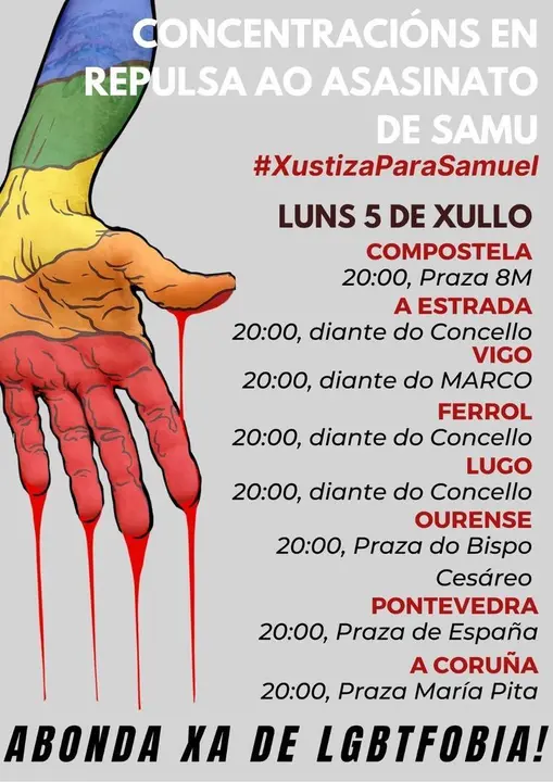 Cartel de las manifestaciones convocadas para el lunes 5 de junio en repulsa de la muerte de un joven de 24 a&ntilde;os a causa de una paliza en A Coru&ntilde;a.