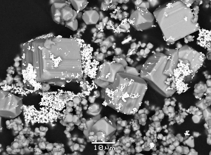 Microfotograf&iacute;a de microscop&iacute;a electr&oacute;nica de barrido que muestra micropart&iacute;culas de oro (color brillante) depositadas con cristales de pirita de una soluci&oacute;n hidrotermal en un experimento de laboratorio.
