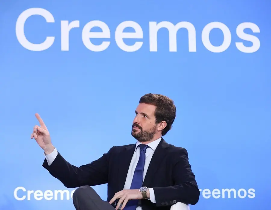 El presidente nacional del Partido Popular, Pablo Casado, durante el curso &lsquo;Espa&ntilde;a, Europa y libertad&rsquo; que organiza el Grupo del PPE. En San Lorenzo de El Escorial (Madrid) a 6 de julio de 2021.