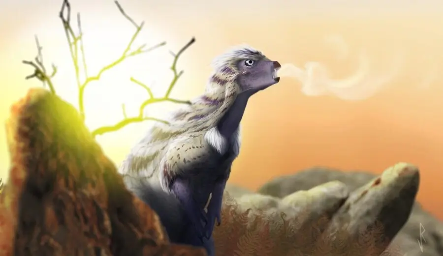 Reconstrucci&oacute;n de la vida de Heterodontosaurus vocalizando en una fresca ma&ntilde;ana del Jur&aacute;sico.