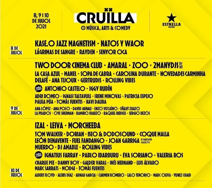 Cartel del Festival Cru&iuml;lla, que inicia el 8 de julio una edici&oacute;n sin distancia de seguirdad que prev&eacute; acoger a 25.000 personas al d&iacute;a