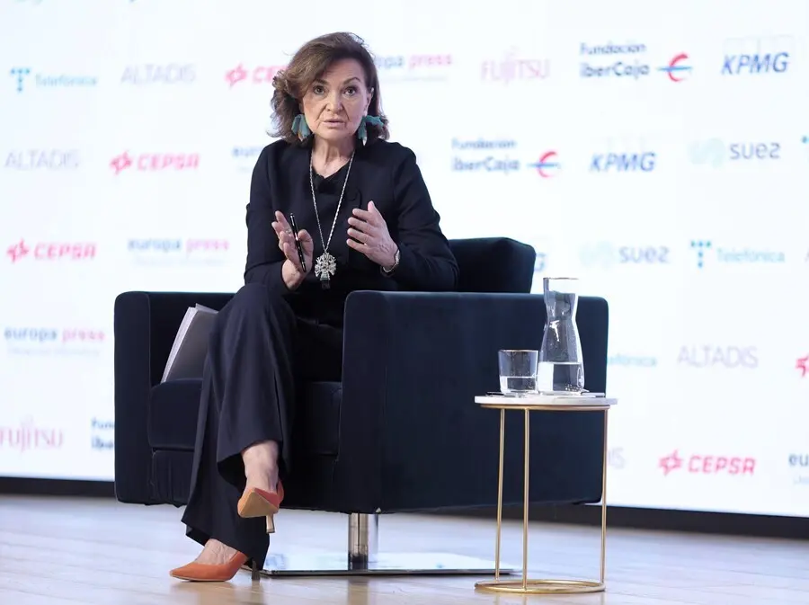 La vicepresidenta primera del Gobierno y ministra de la Presidencia, Relaciones con las Cortes y Memoria Democr&aacute;tica, Carmen Calvo, interviene en un Desayuno Informativo de Europa Press, a 8 de julio de 2021, en Madrid, (Espa&ntilde;a).