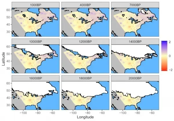 Mapa en el que se puede observar como ha cambiado la capa de hielo y las relaciones filogen&eacute;ticas de las formaciones vegetales en Norte Am&eacute;rica desde el &Uacute;ltimo M&aacute;ximo Glacial (hace ~22.000 a&ntilde;os) hasta la actualidad.