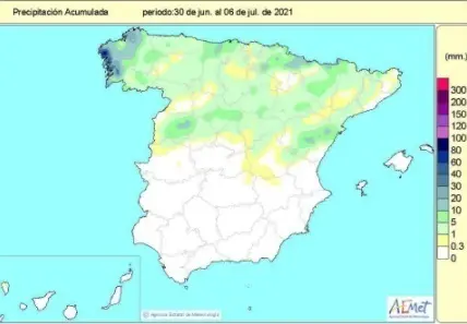 El valor medio nacional de las precipitaciones acumuladas desde el pasado 1 de octubre de 2020 hasta el 6 de julio de 2021 es de 524 litros por metro cuadrado