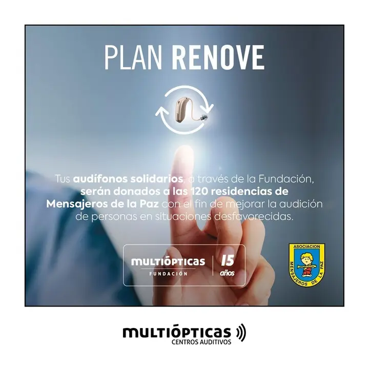 Cartel promocional de la nueva iniciativa de la Fundaci&oacute;n Multi&oacute;pticas con su plan renove de aud&iacute;fonos