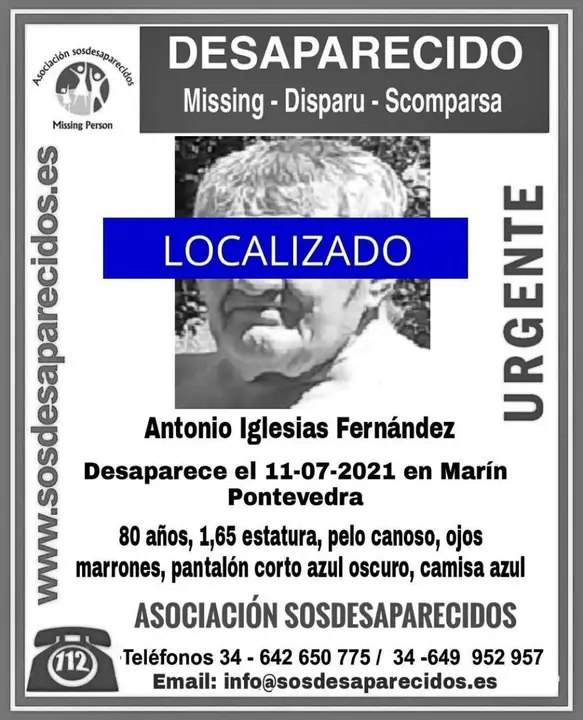 Alerta de desaparici&oacute;n de Antonio Iglesias Fern&aacute;ndez desactivada.