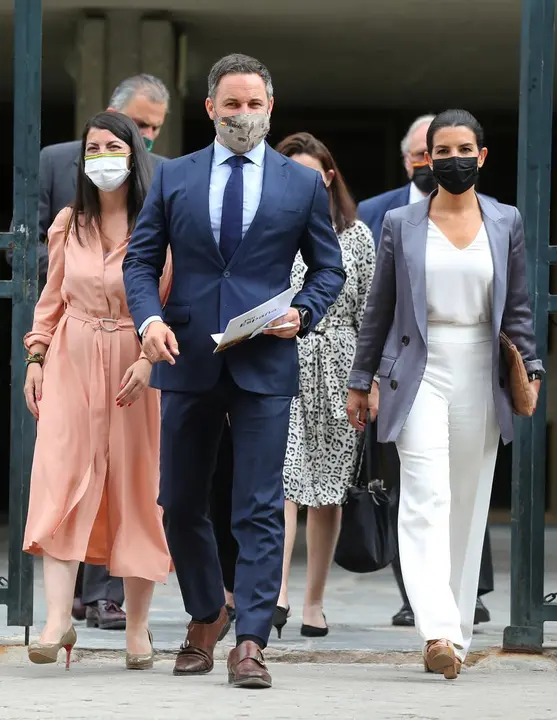 El l&iacute;der de Vox, Santiago Abascal, junto a Macarena Olona y Roc&iacute;o Monasterio frente al Tribunal Constitucional