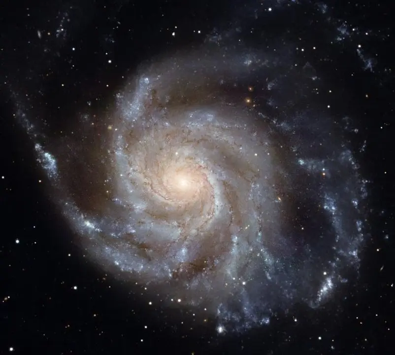 Una imagen de Messier 101, la Galaxia Molinillo, hecha con el Telescopio Espacial Hubble. Los grupos de color azul brillante en los brazos espirales son sitios de formaci&oacute;n estelar reciente.